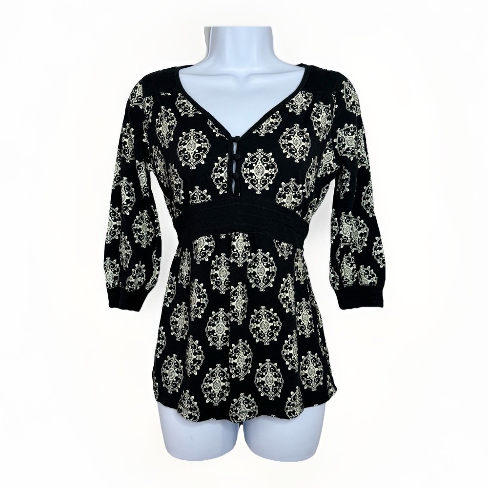 Y2K Currants Womens Babydoll‎ Top M Black Boho Empire Waist Tie Back Peasant